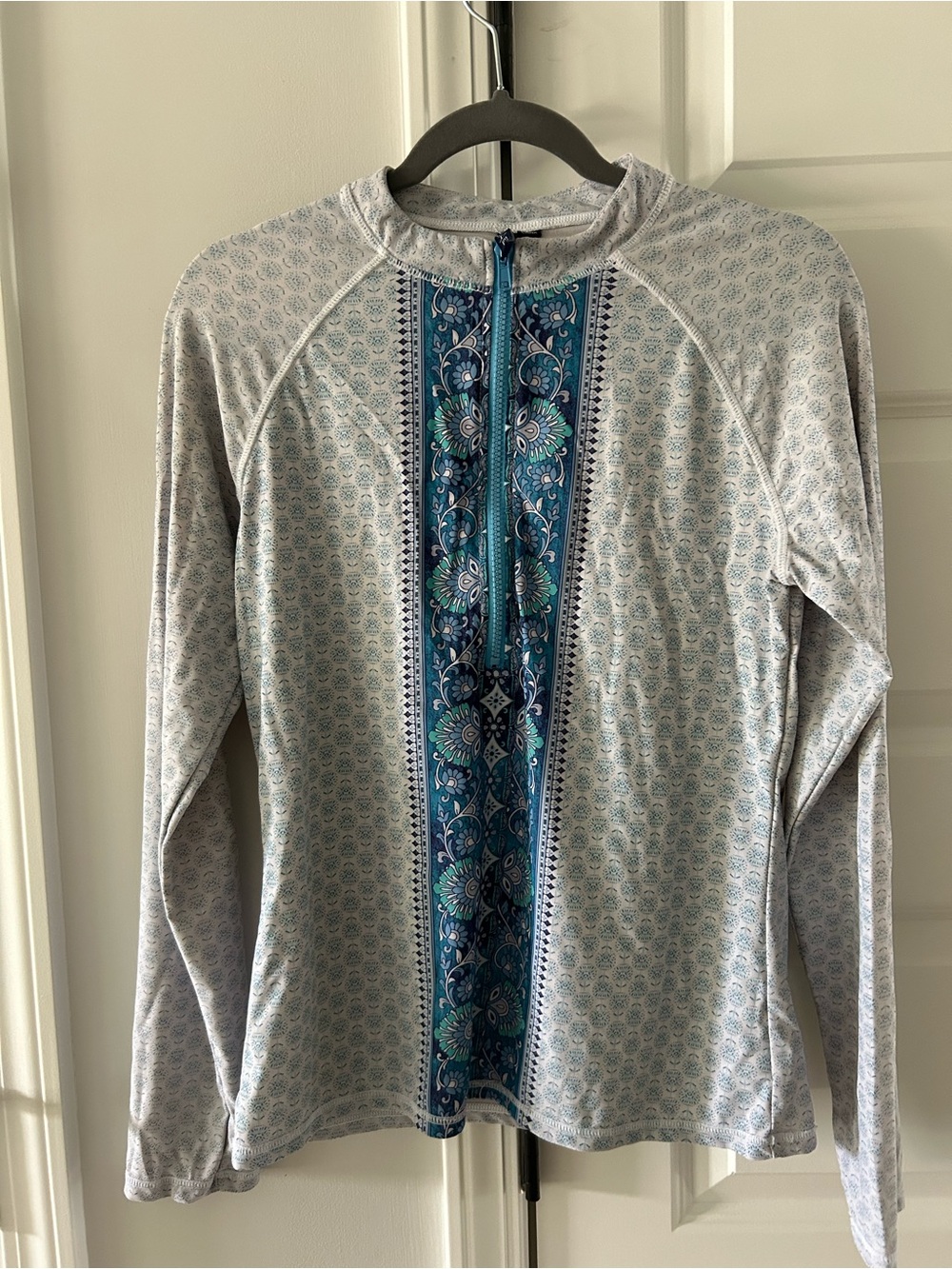 Boho Light Gray And Blue Long Sleeve Swim Top with Blue Center Panel